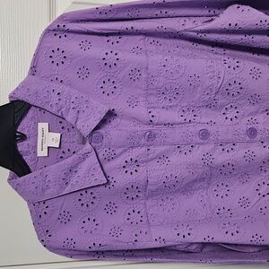 Allison Daley Eyelet Floral Button Down Lightweight Jacket: Amethyst: Size- 2X